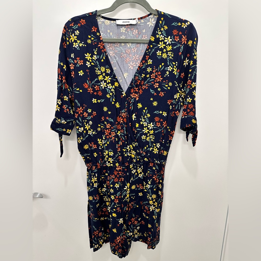 JustFab Blue Floral long sleeve short romper size L